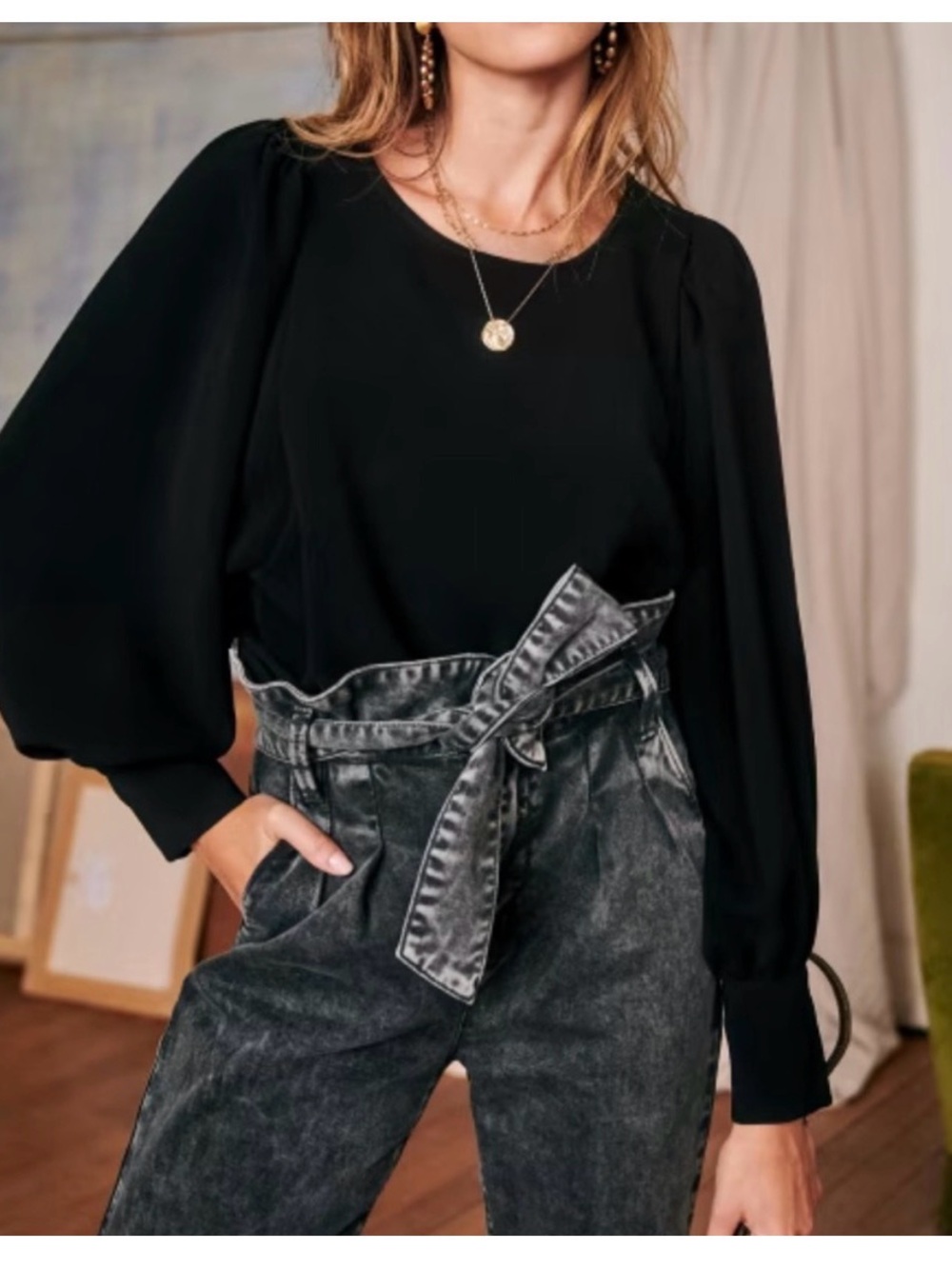 Sezane puff shoulder Benedicte blouse in black